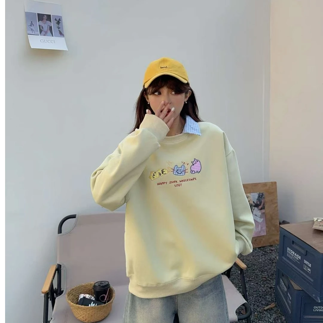 25春款【格子领三只猫咪】时尚休闲宽松百搭卫衣