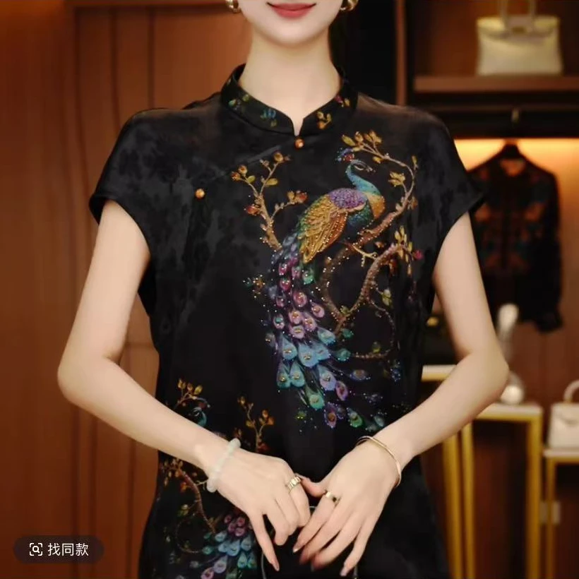 新中式夏季女士妈妈中国风百搭休闲气质薄款烫钻短袖衬衫上衣小衫