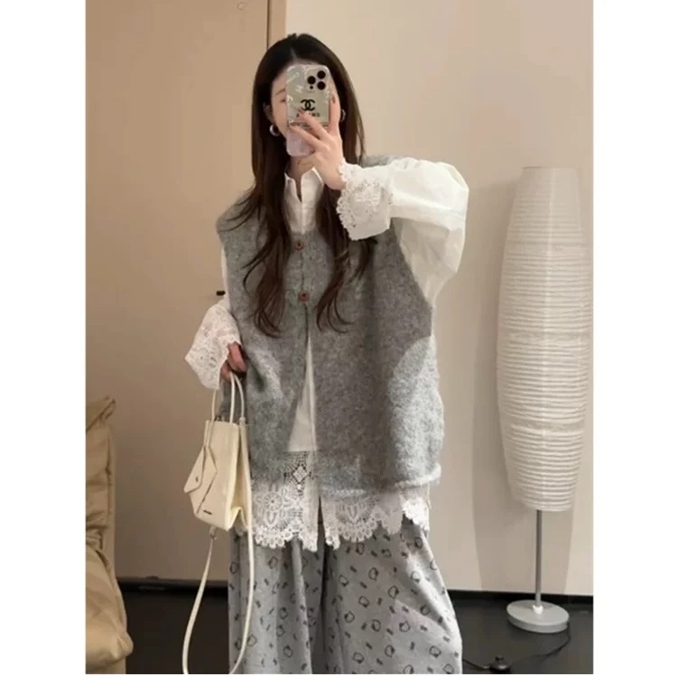 韩系设计感套装女一整套ootd穿搭春季新款衬衫+马甲独特好看裤子