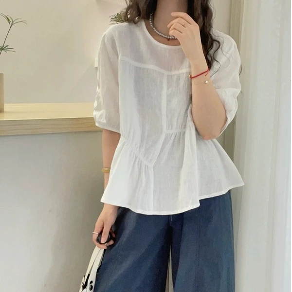 女生韩系ins衣服宽松显瘦棉麻夏季新款收腰上衣韩版财阀千金女装