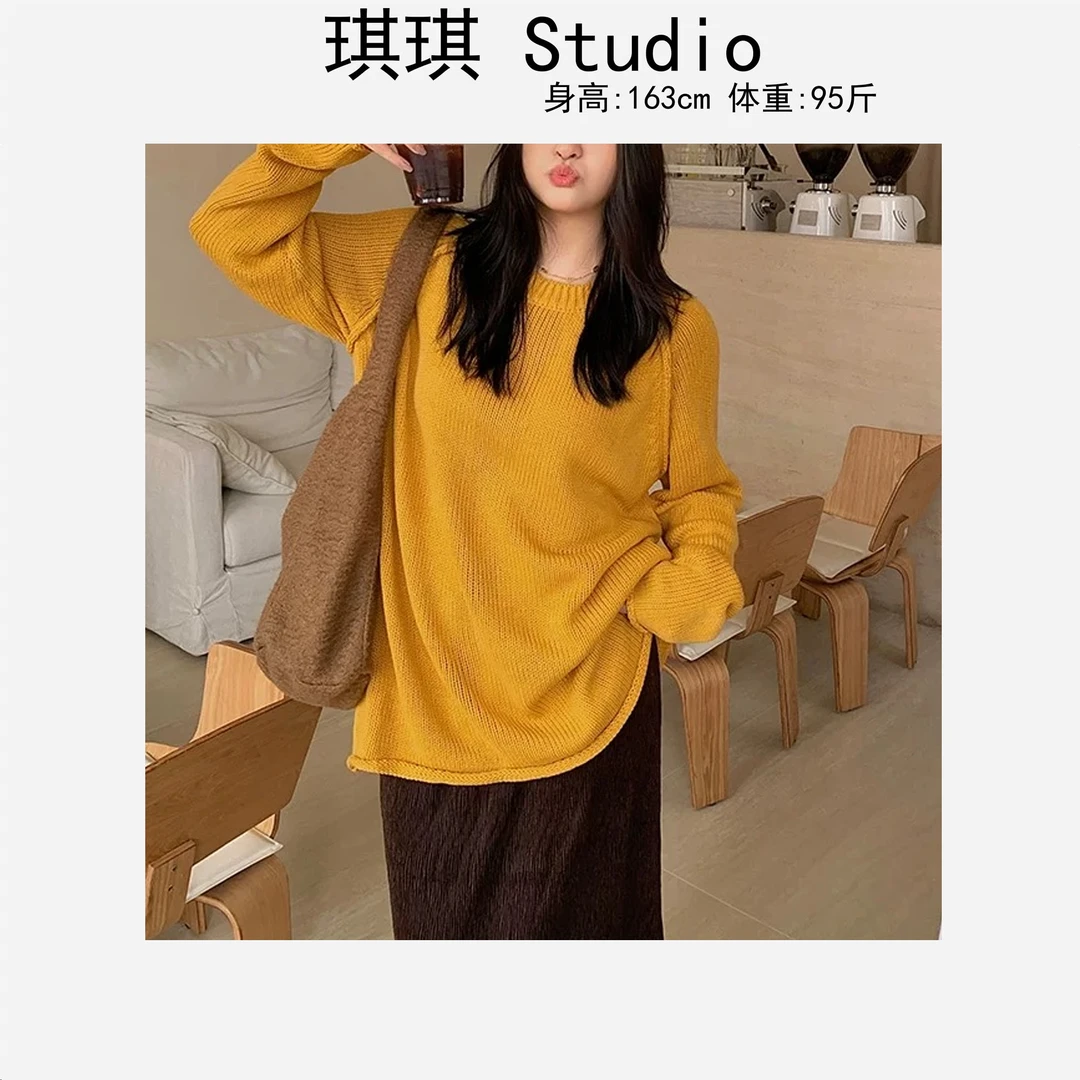 春季新款舒适圆领卷边宽松纯色气质时尚显瘦减龄针织上衣5668-G