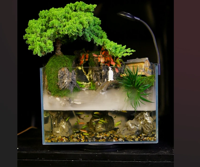 超白缸30*18*20cm 山水造景小桥流水桌面书桌茶几办公桌阳台摆件