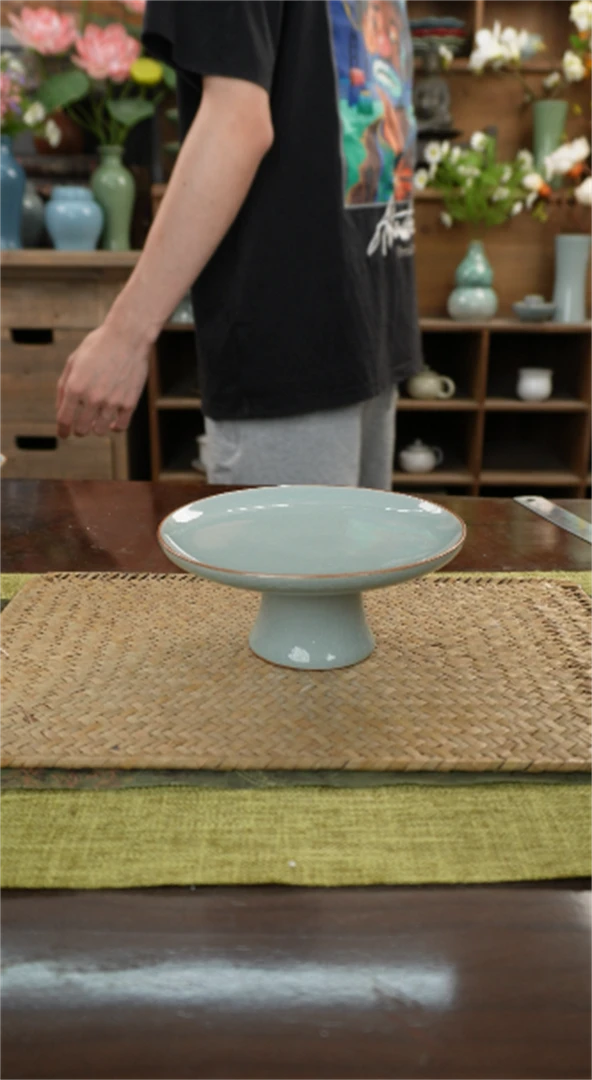 【闪购商品】粉青团圆高足细脚果盘15cm