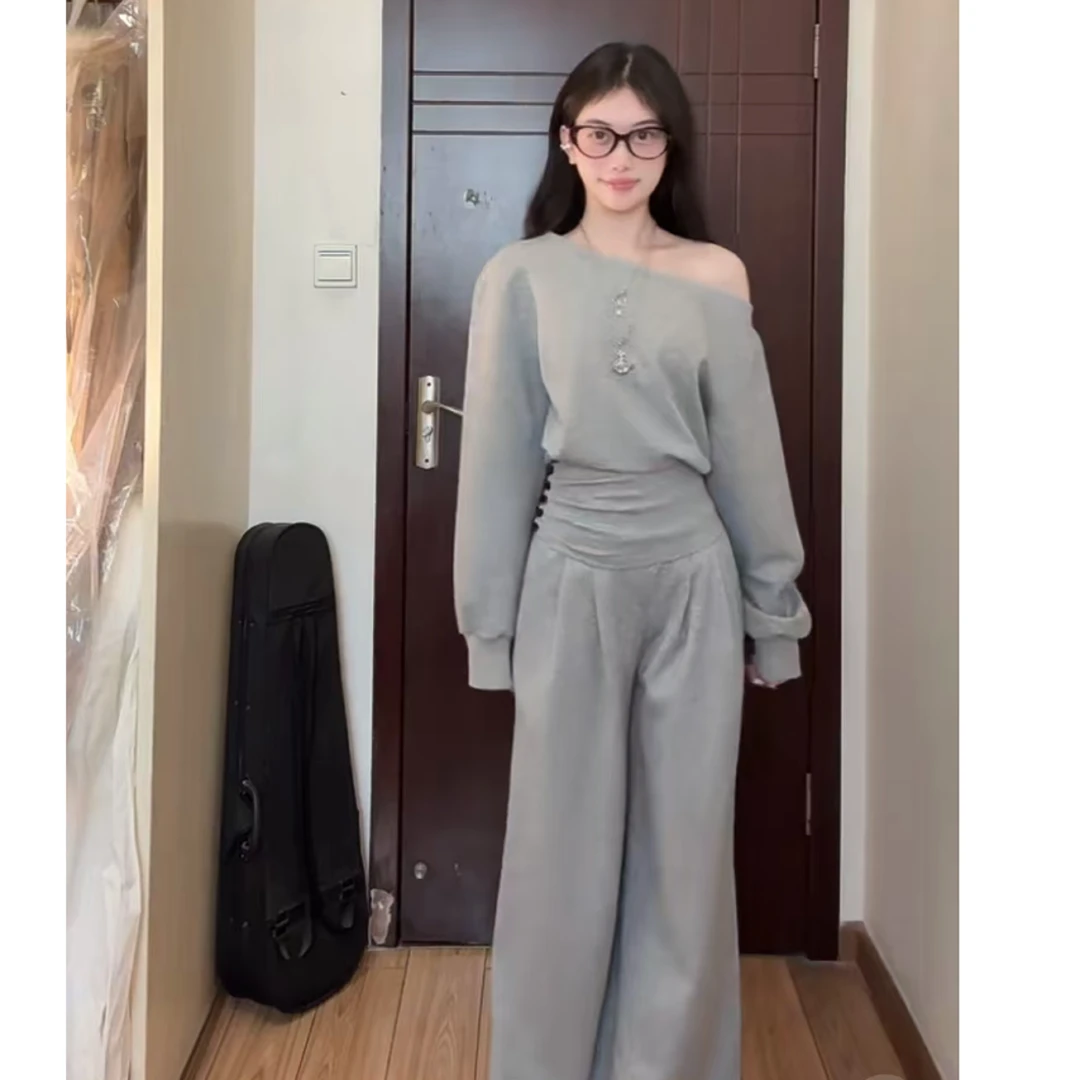 洋气不规则斜肩长袖修身女2025春季新款百搭气质显瘦上衣休闲裤子