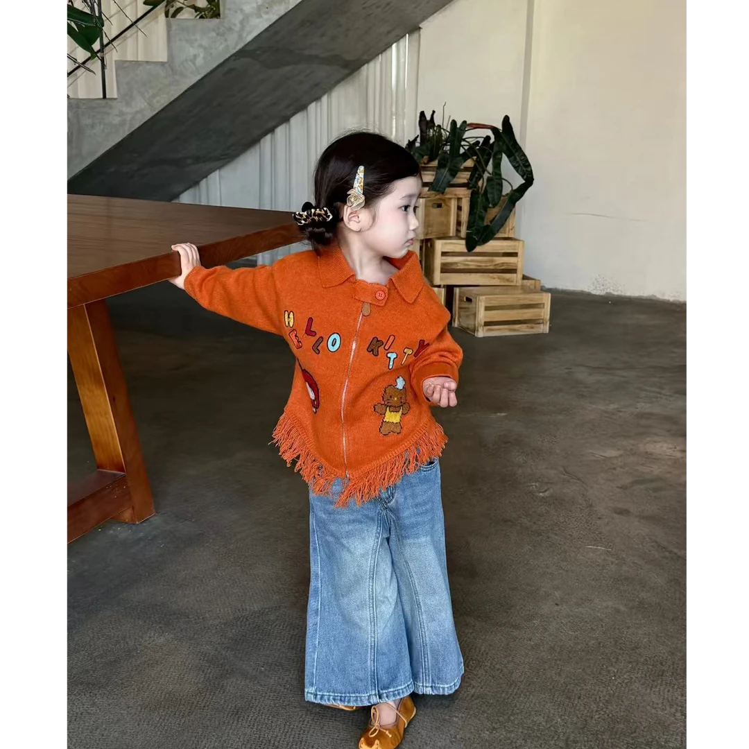 壹妈童装女童秋装套装洋气儿童卡通kt猫针织毛衣外套牛仔阔腿裤子