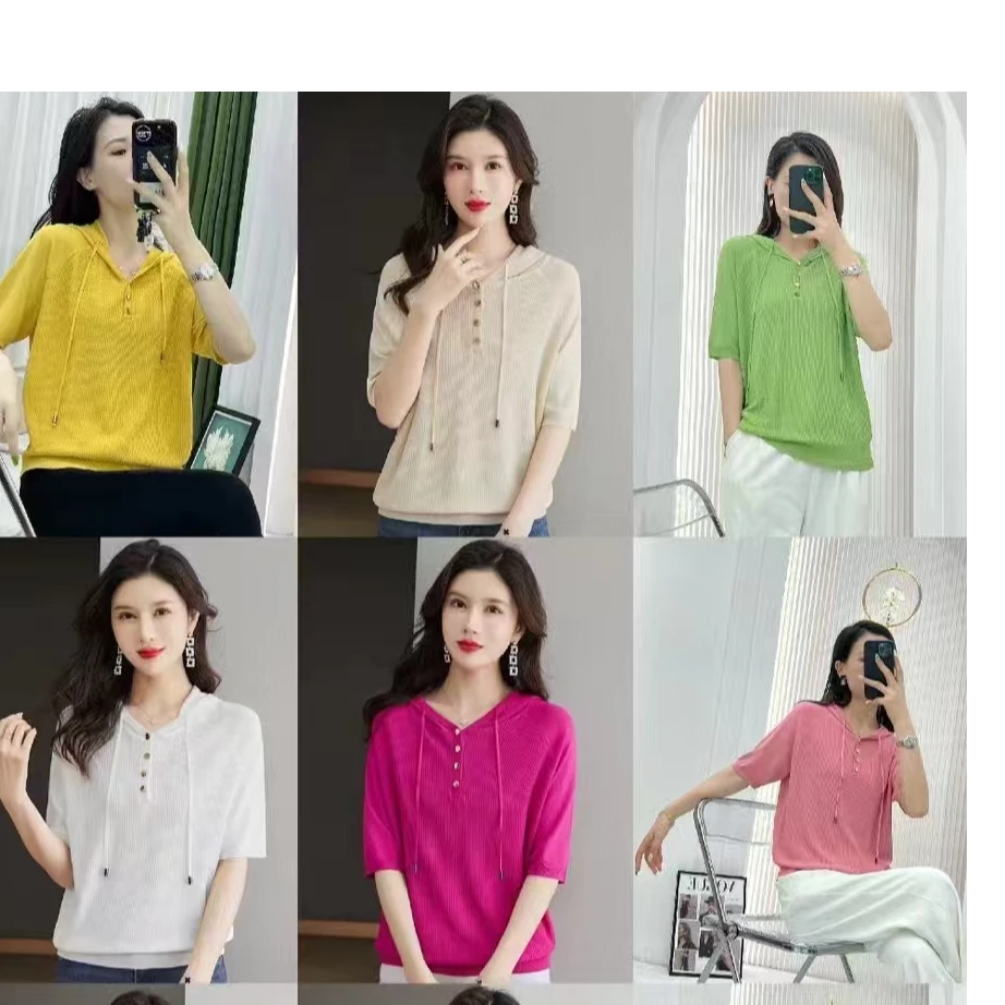 毛针织衫中袖不起球翻领套头短袖女常规款夏季时尚女装薄款