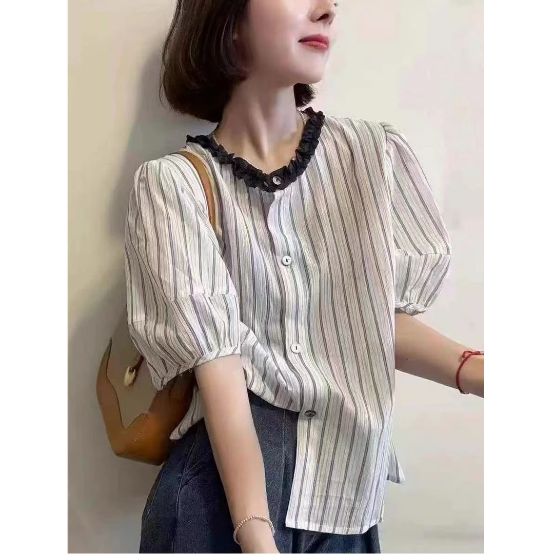 2025夏新款韩系撞色条纹木耳边圆领泡泡袖衬衫女宽松显瘦上衣7707