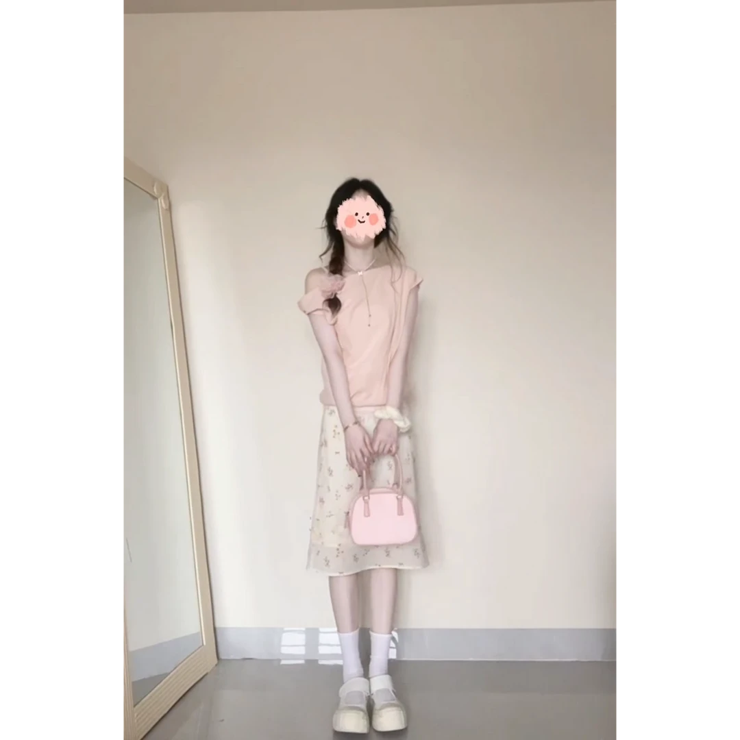 MARIE.COCO小众甜美设计感扭结斜肩短袖上衣高腰碎花半身裙两件套