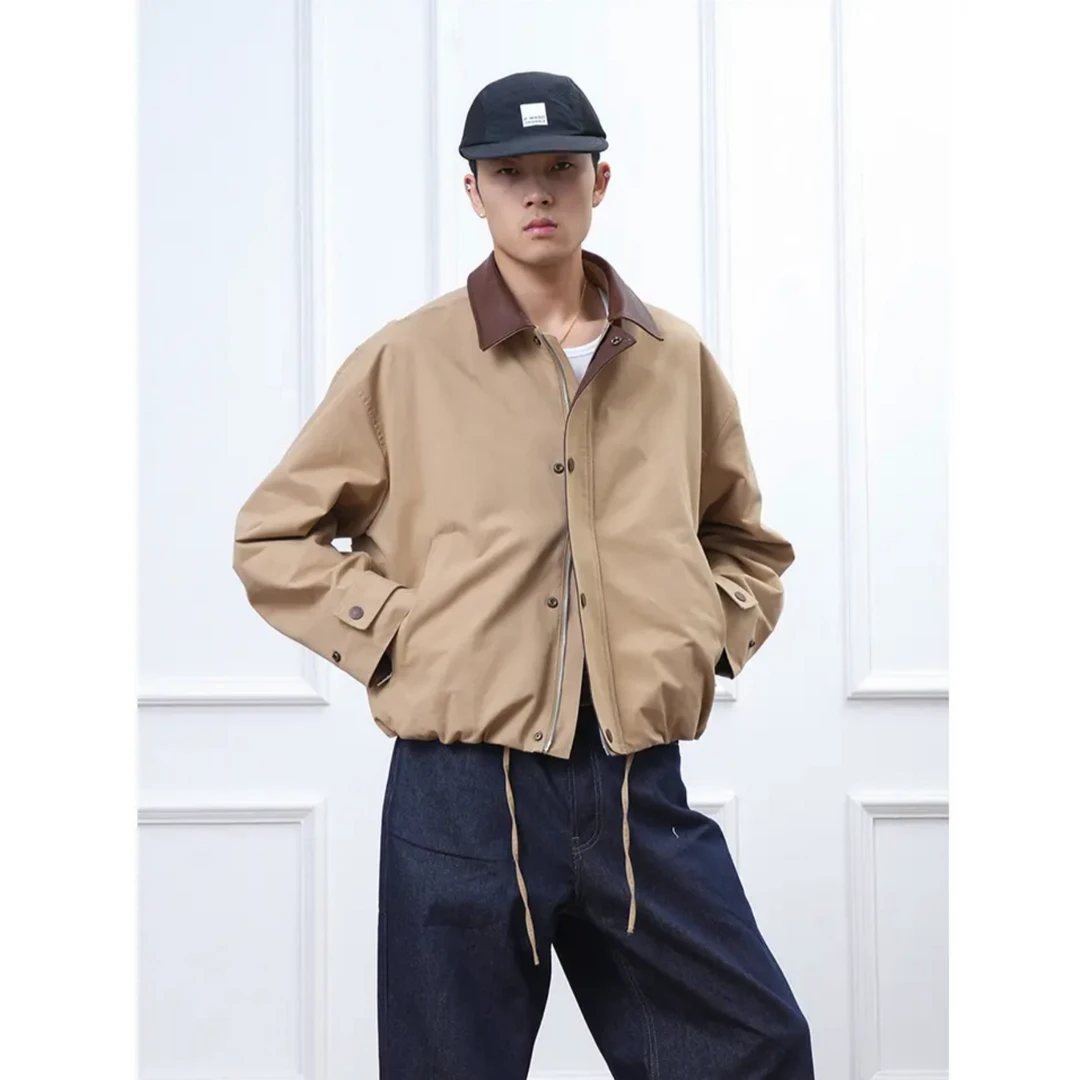 短款底特律夹克外套男女同款百搭秋季美式复古帆布翻领工装棒球服