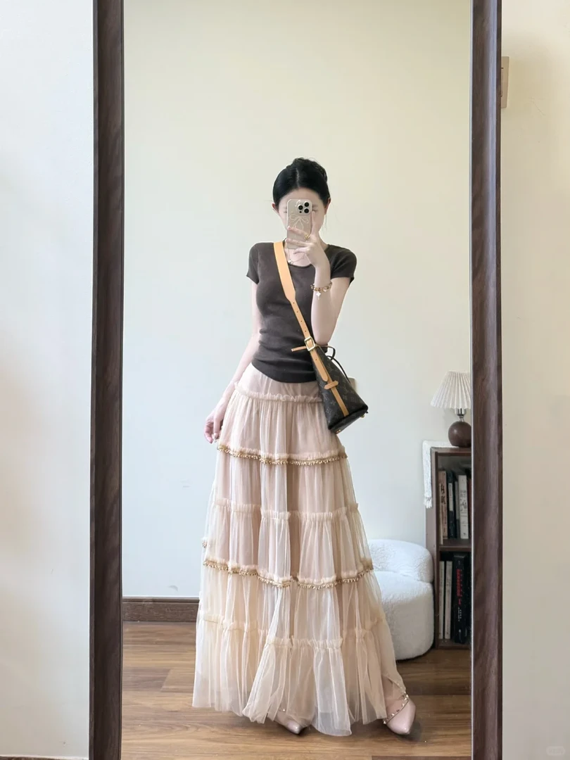 法式温柔风圆领正肩露背短袖T恤女夏季气质高腰显瘦半身裙两件套