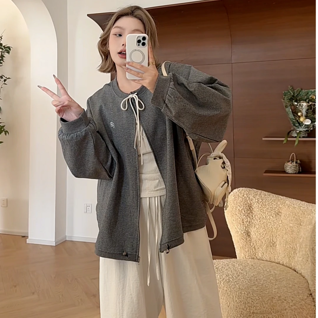 【瘦瘦】空白格-春秋两色圆领抽绳绑带刺绣卫衣开衫外套S01231