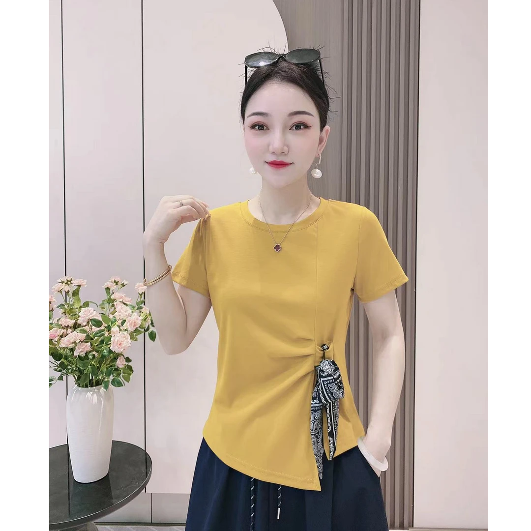 【韩紫朵】2025夏季圆领开叉系带洋气时尚百搭t恤显瘦短袖86615