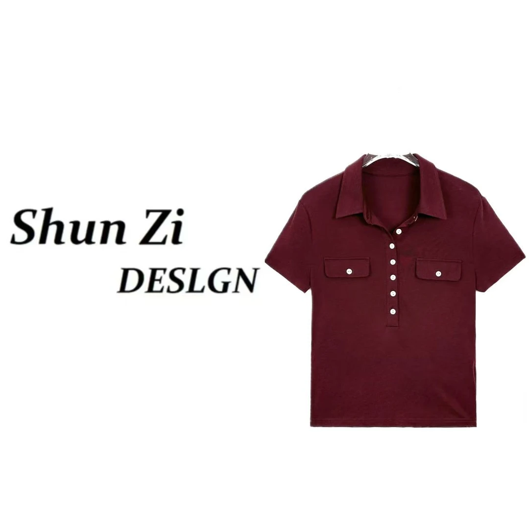 顺子/SZ7088 夏季简约时尚Polo翻领排扣口袋百搭显瘦T恤短袖