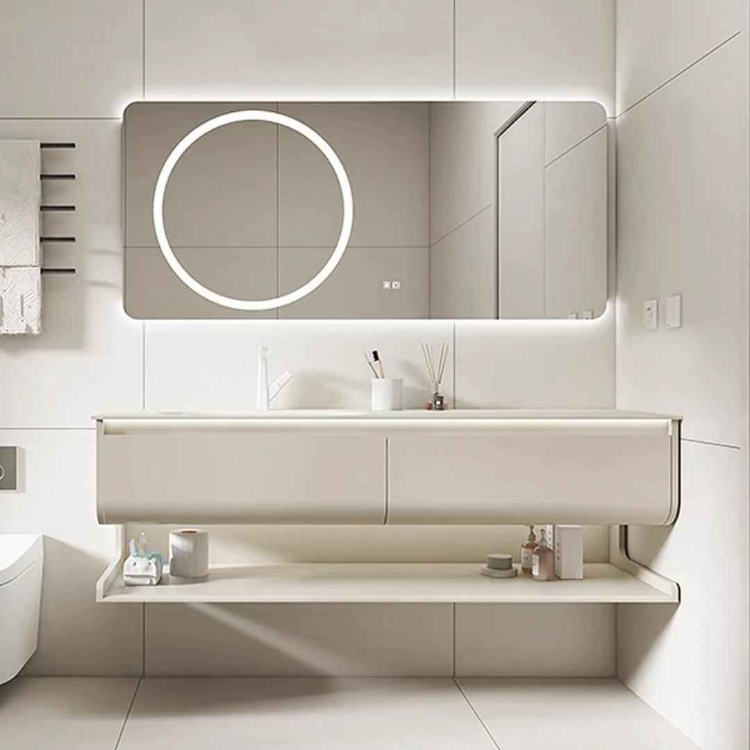 奶油风橡胶木烤漆浴室柜组合智能光环镜岩板热弯一体盆洗漱台