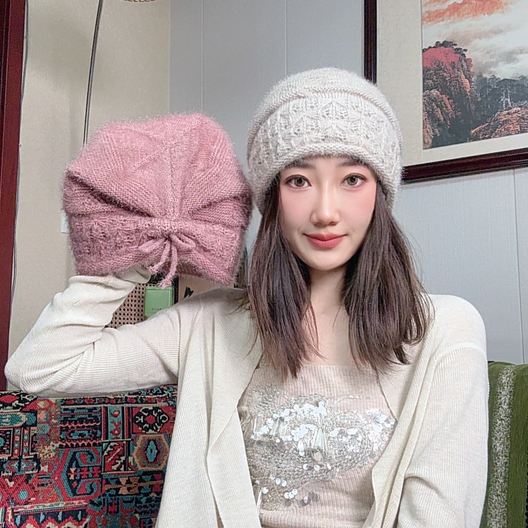25年新款蝴蝶发带款抽绳堆堆帽双层松鼠绒民族风护耳保暖帽大头带
