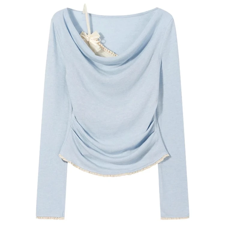 大码胖MM纯欲露肩荡领长袖t恤女2025秋季设计感假两件拼接上衣