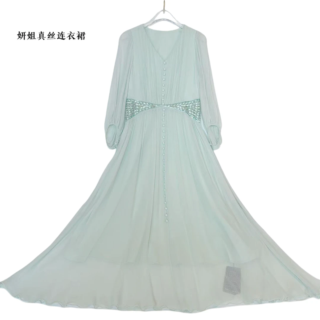 2025妍姐真丝新款中式日常宽松高端气质飘逸轻奢真丝薄荷绿23197