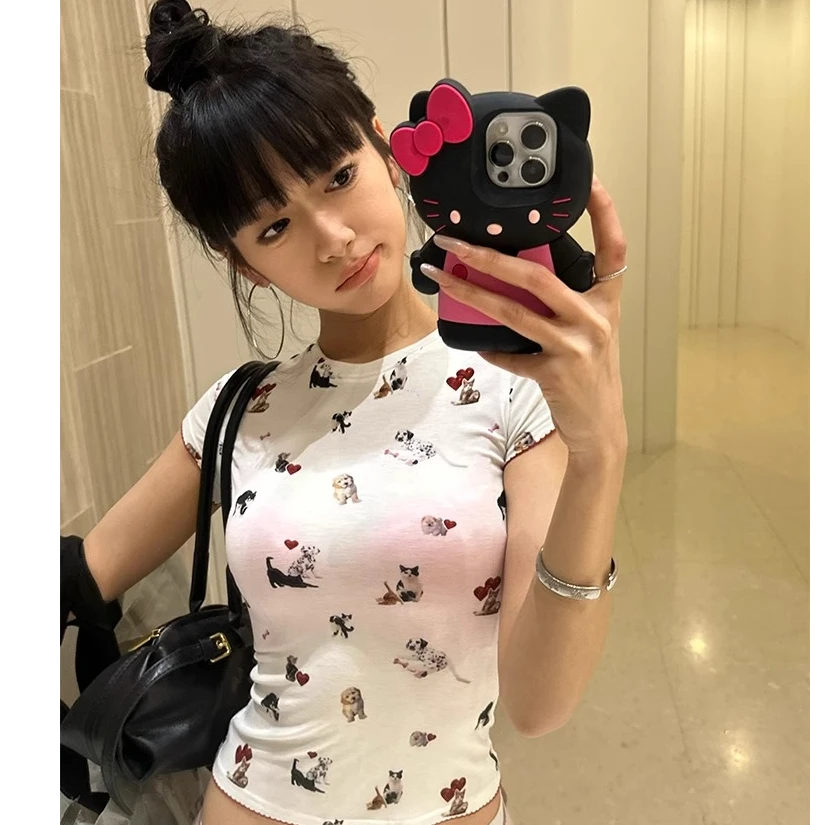 美式辣妹猫狗印花短袖T恤女夏季新款紧身弹力童趣tee显瘦正肩上衣