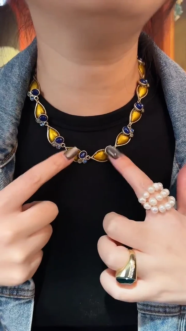 合金无合金无复古百搭黄蓝色珐琅项链耳针套装
