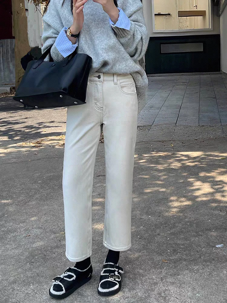 代XY【161】93 MWMA春款白标四面弹奶白九分窄版小直筒裤~