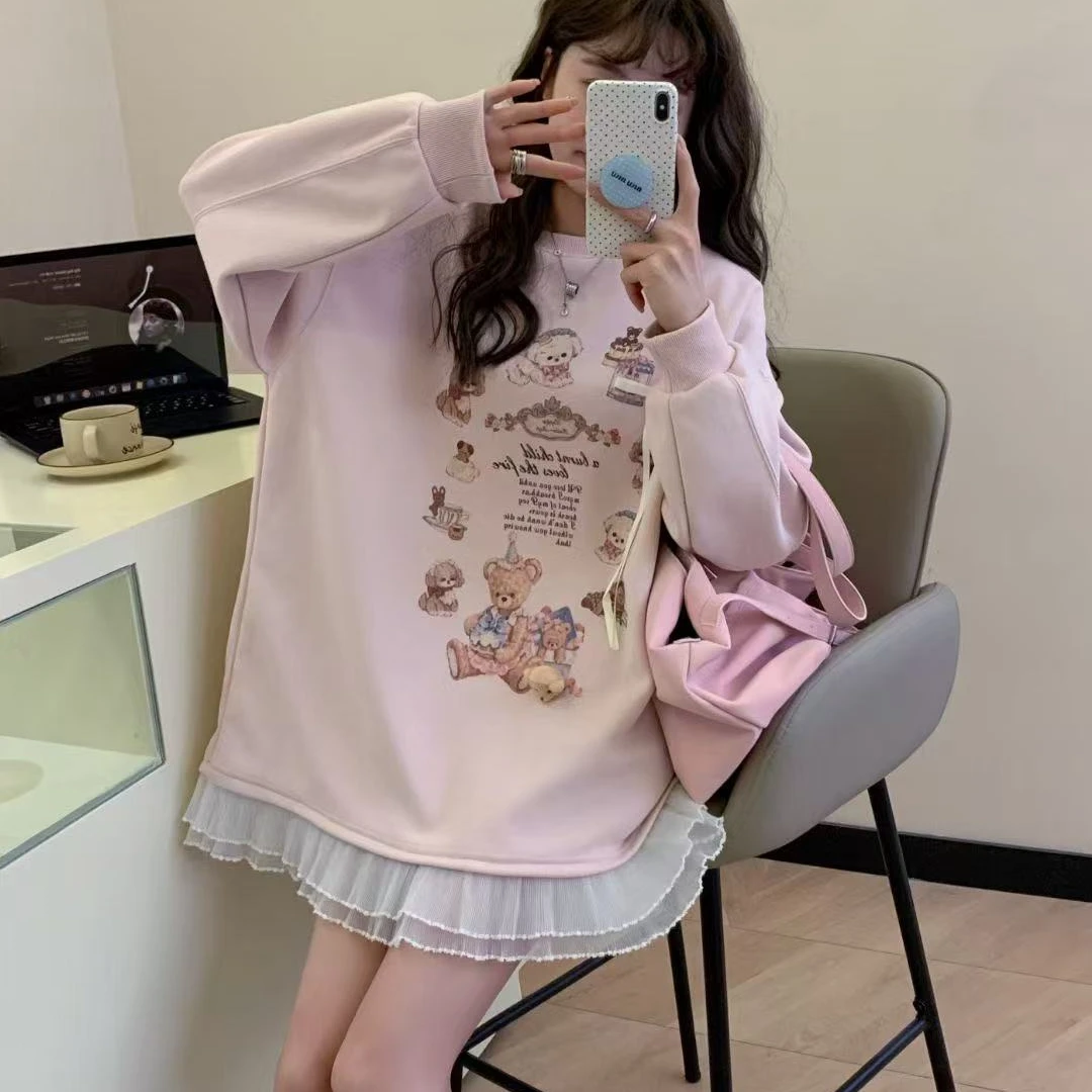 【李姑娘专属】时尚大码女装 可爱小熊蕾丝拼接卫衣