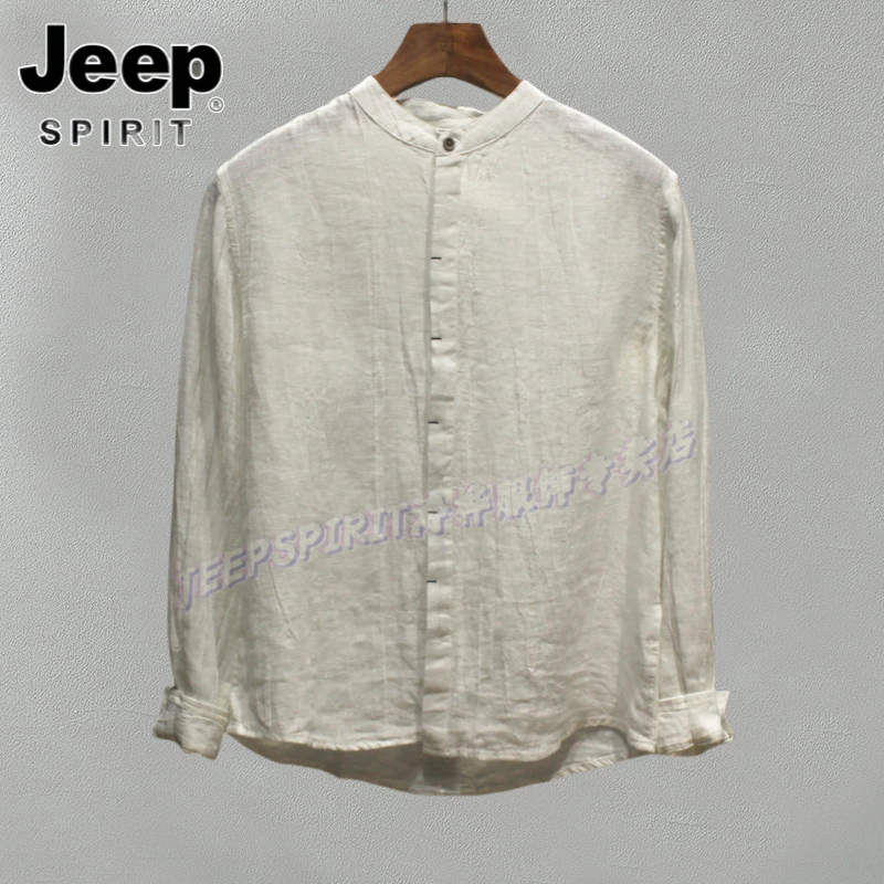 Jeep吉普日系立领亚麻衬衫男春秋季时尚百搭衬衣舒适透气长袖上衣