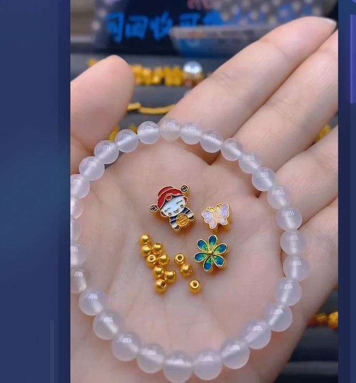 足金999蓝六瓣花+粉紫小蝴蝶+财神+卡3古10颗玛 瑙手串/ 多样性发