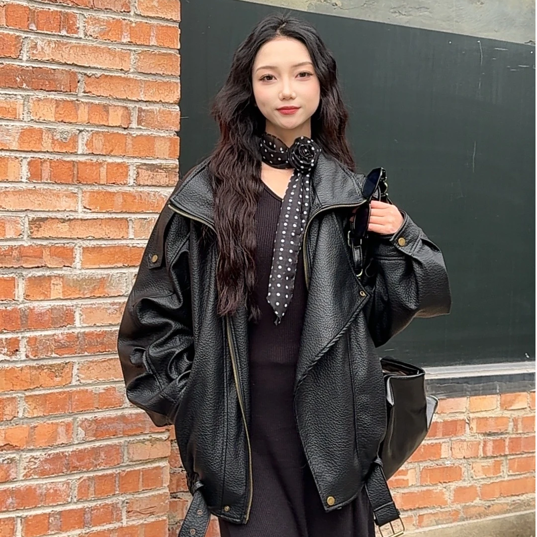 春季新款高端时尚百搭高领韩版显瘦皮衣外套