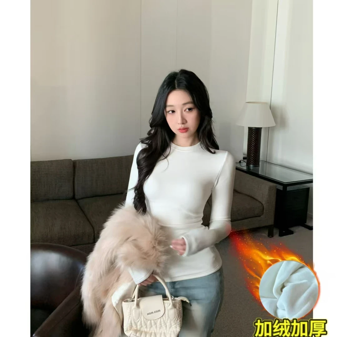 【加绒加厚】摇粒绒秋冬打底衫正肩圆领收腰显瘦长袖T恤纯色基础款