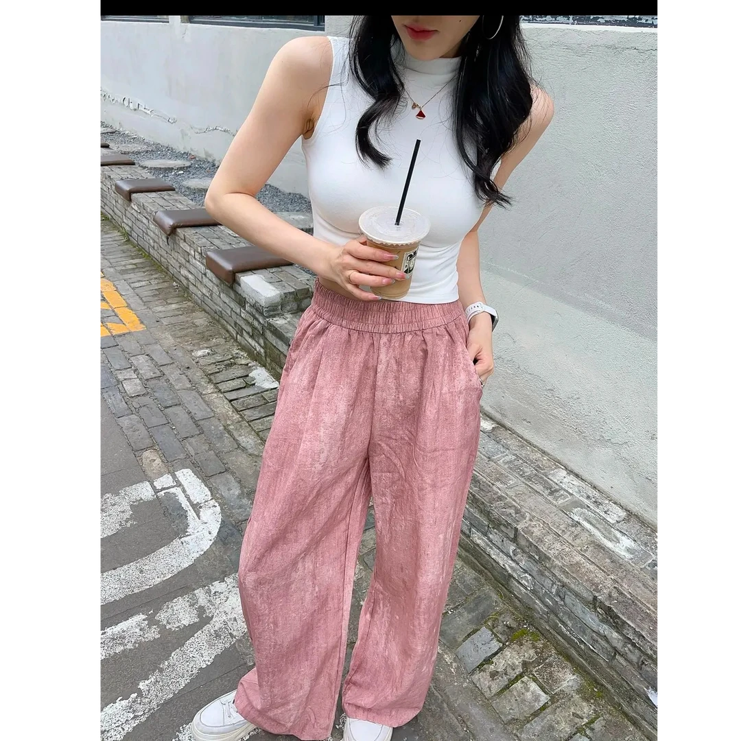 薄款加绒阔腿裤高腰家居裤无弹力直筒宽松休闲裤扎染夏季