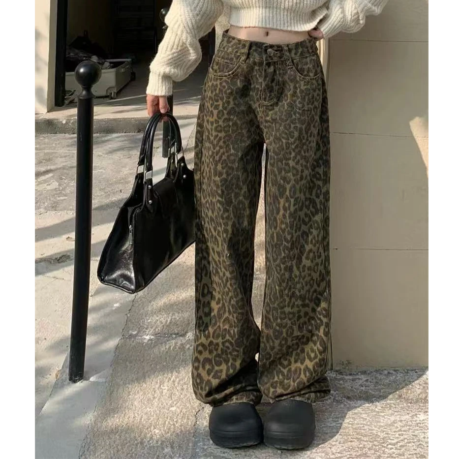 5503芭莎全棉豹纹牛仔裤阔腿欧美直筒裤高腰显瘦大长腿复古风
