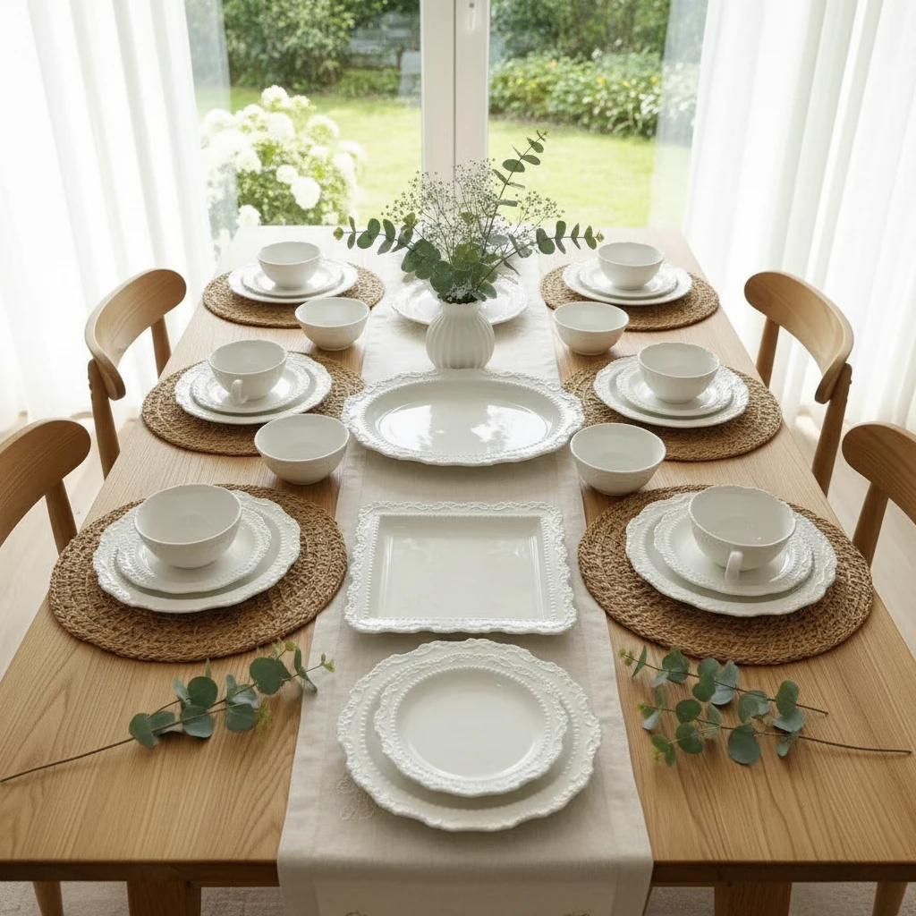 欧式复古风纯白色陶瓷29件6人套装 杯碟 汤饭碗餐盘 大盘鸡盘