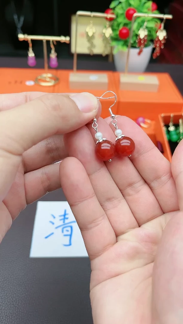 南红玛瑙银S925镶嵌耳饰303000