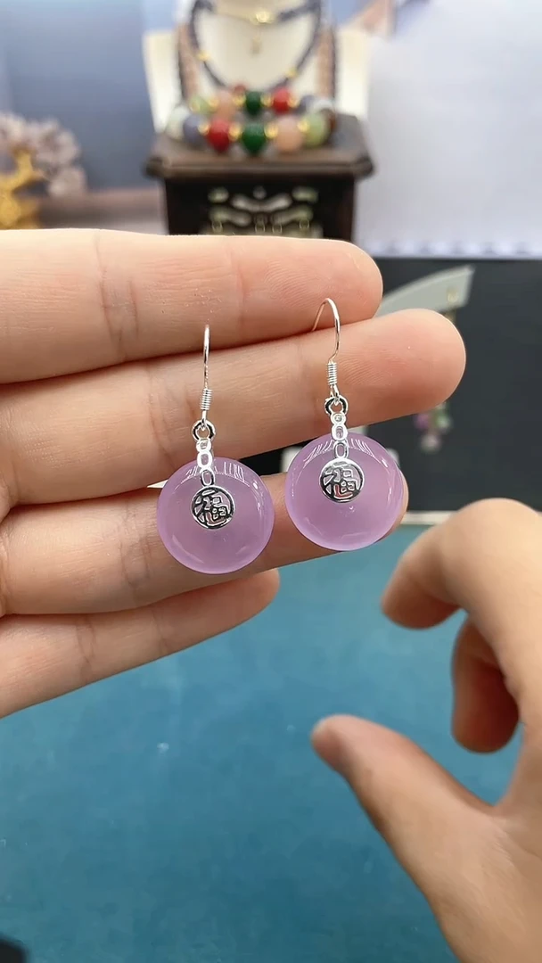 紫晶耳饰银S925镶嵌薰衣草平安扣