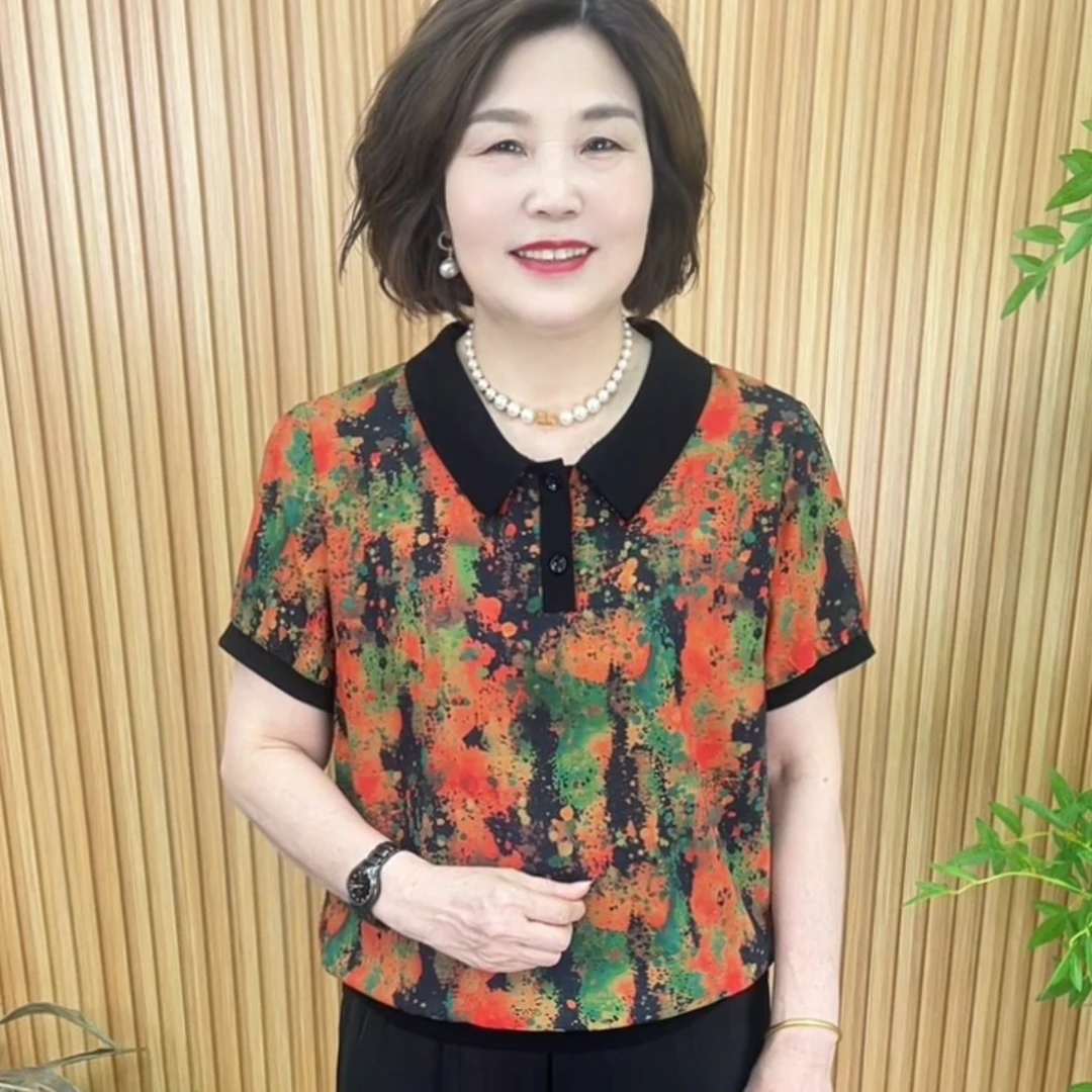 短袖时尚薄款娃娃领中老年女装显瘦洋气小衫百搭V3383