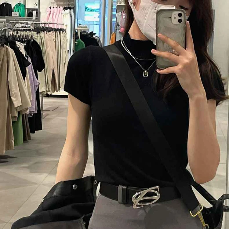拉夏贝尔黑色正肩短袖T恤女2024夏季新款设计感小众半高领修身显