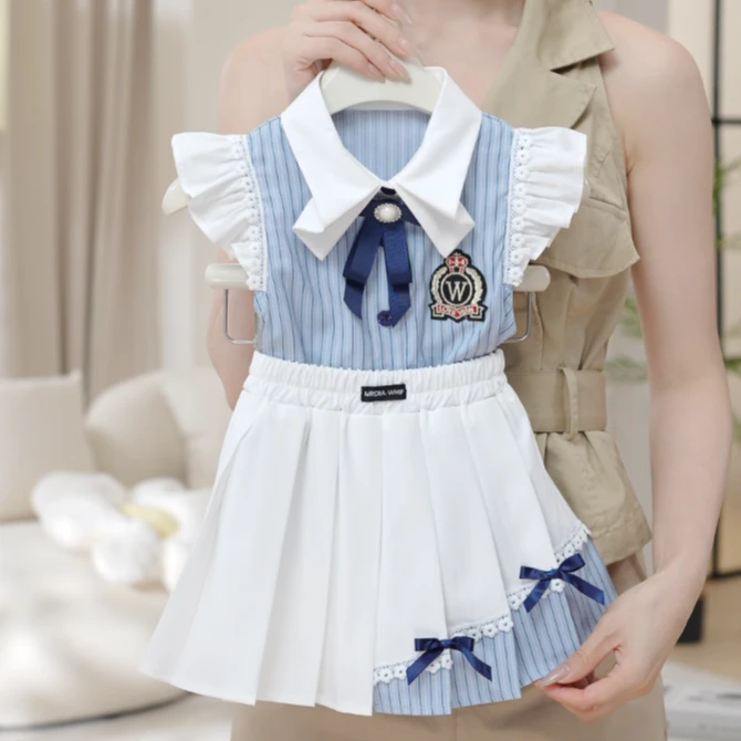 2025夏季新款女童学院风飞袖衬衣百褶裙蝴蝶结套装两件套SA3132