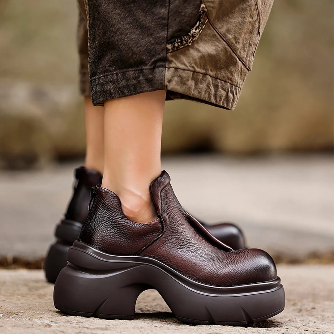 CBMT后拉链胶粘圆头粗跟复古秋烫钻短靴英伦风厚底百搭小个子增高