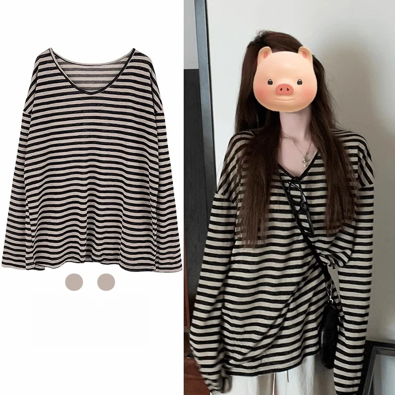 轻薄长袖条纹防晒罩衫t恤女夏季宽松休闲慵懒松弛感穿搭上衣薄款