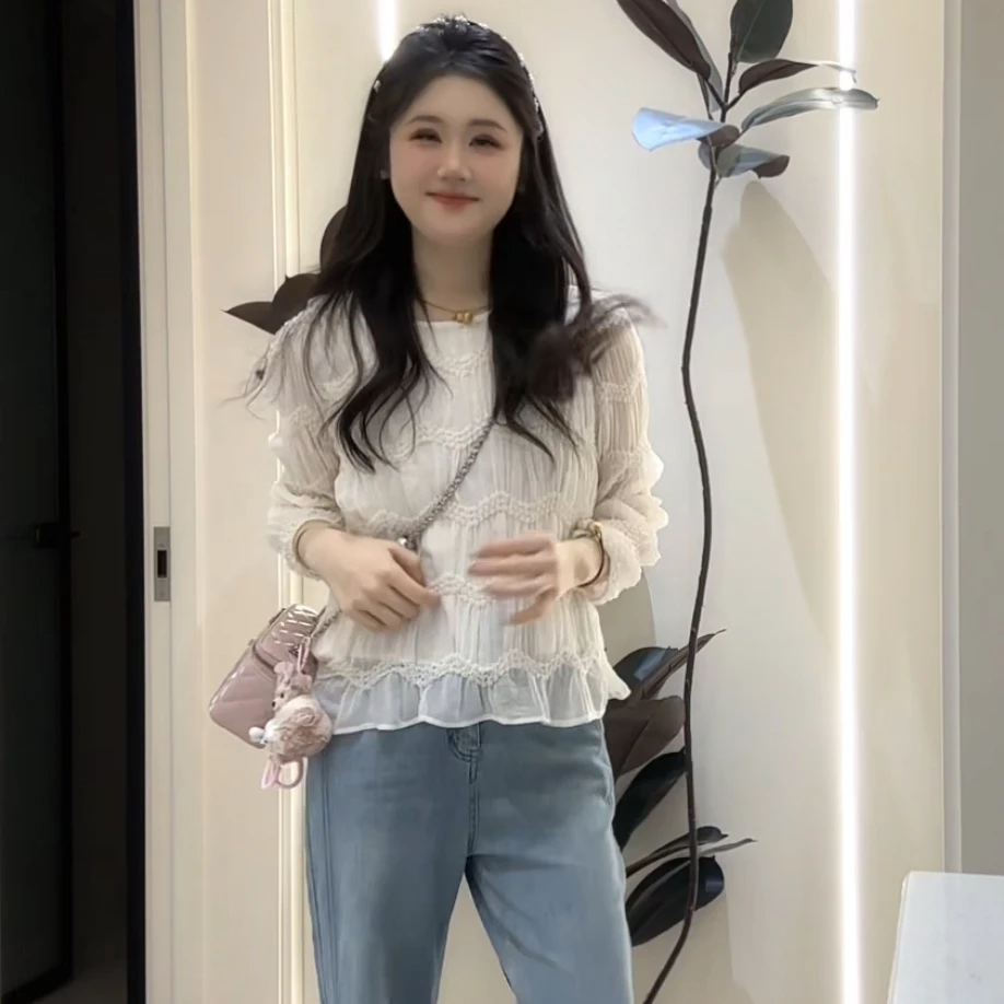 长袖褶皱小个子法式复古小从宽松显瘦圆领衬衫