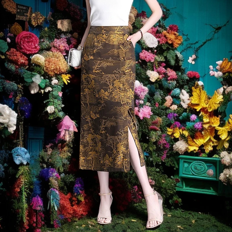 高端正品国货印花新中式盘扣高档半身裙名媛风休闲裙包臀裙一步裙