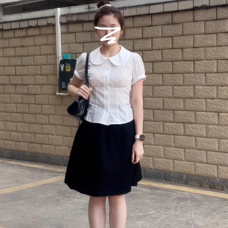 娃娃领白色衬衫女夏季2025新款法式收腰修身甜美辣妹显瘦短款上衣