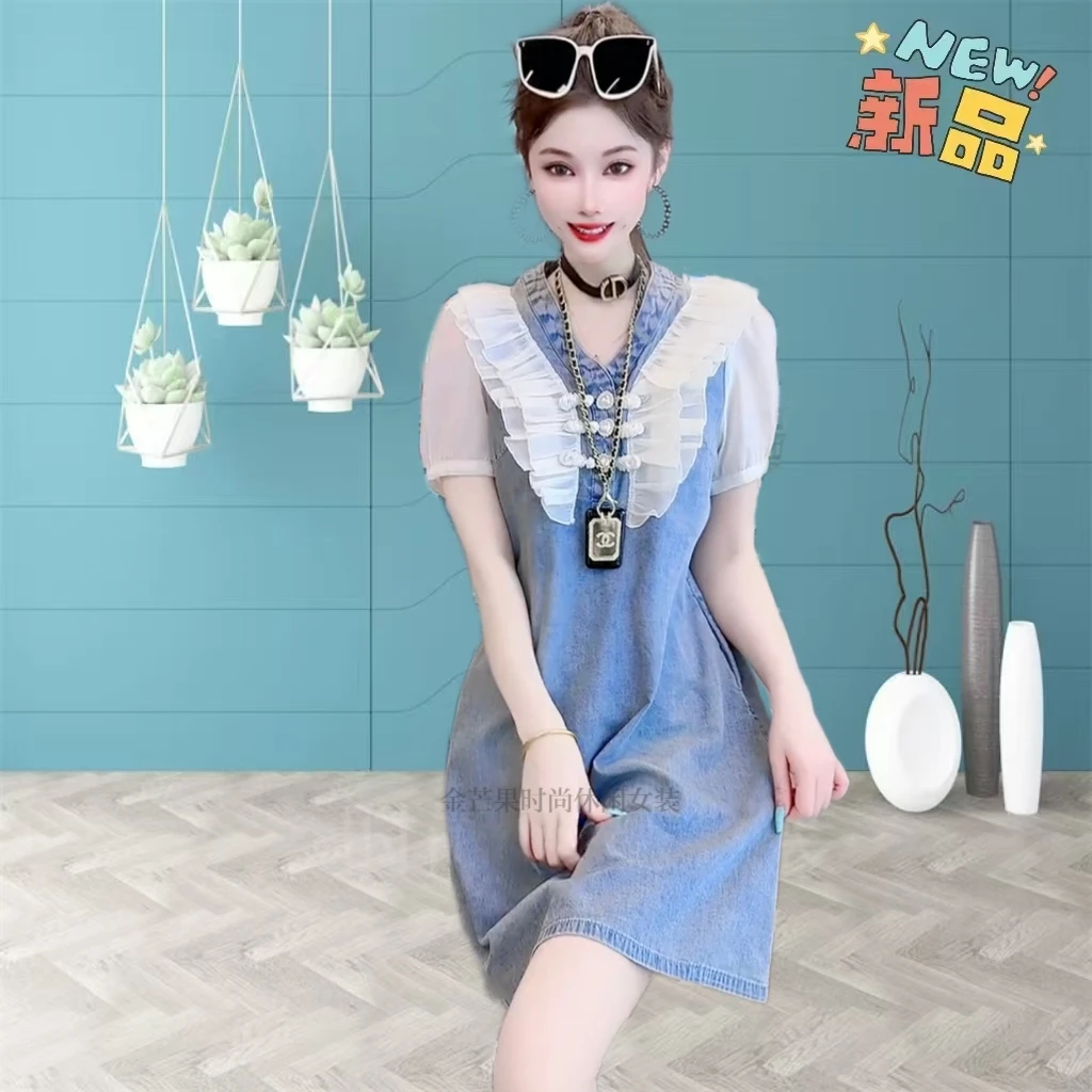 高级感牛仔裙女2025夏季新款时尚洋气减龄百搭宽松V领牛仔连衣裙