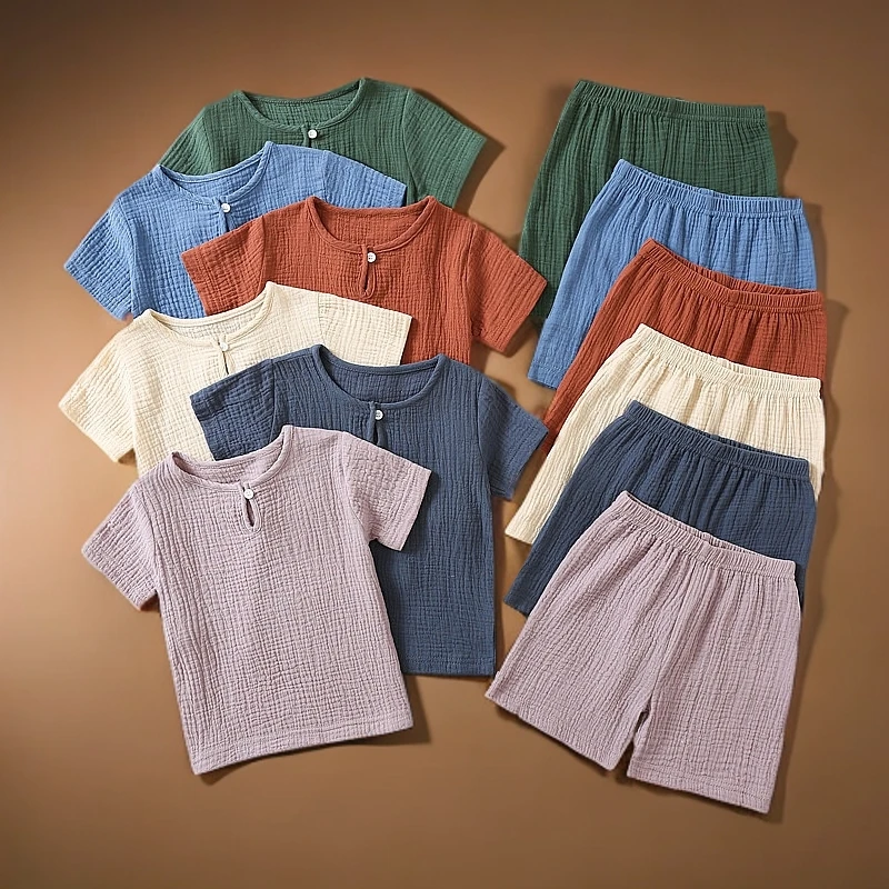 婴儿套装夏季薄款双层纱布套装儿童衣服宝宝两件套空调百天家居服