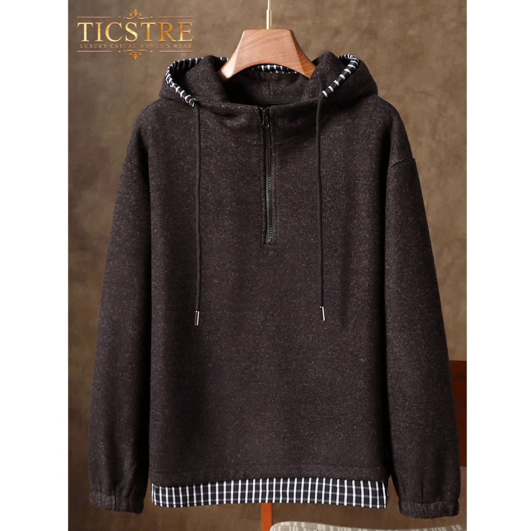 TICSTRE秋冬季2025年新款时尚休闲连帽卫衣女格子拼接假两件外套