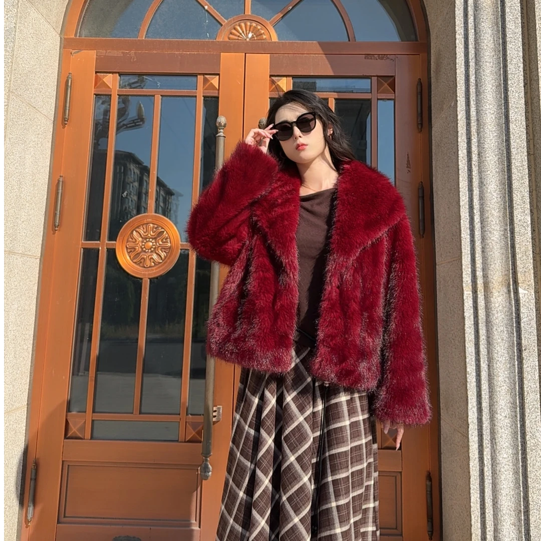 高领青果领红色系单排扣翻领女大翻领短款