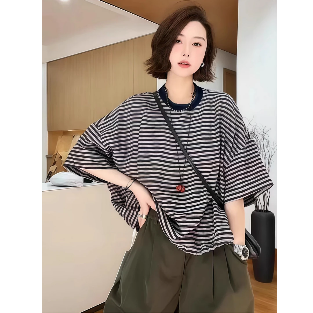 慵懒风条纹短袖T恤女夏季宽松大码撞色圆领做旧抽绳下摆半袖上衣