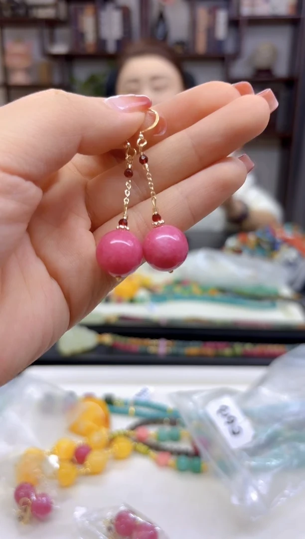 【闪购商品】菱锰矿（红纹石）耳坠14K金镶嵌E613