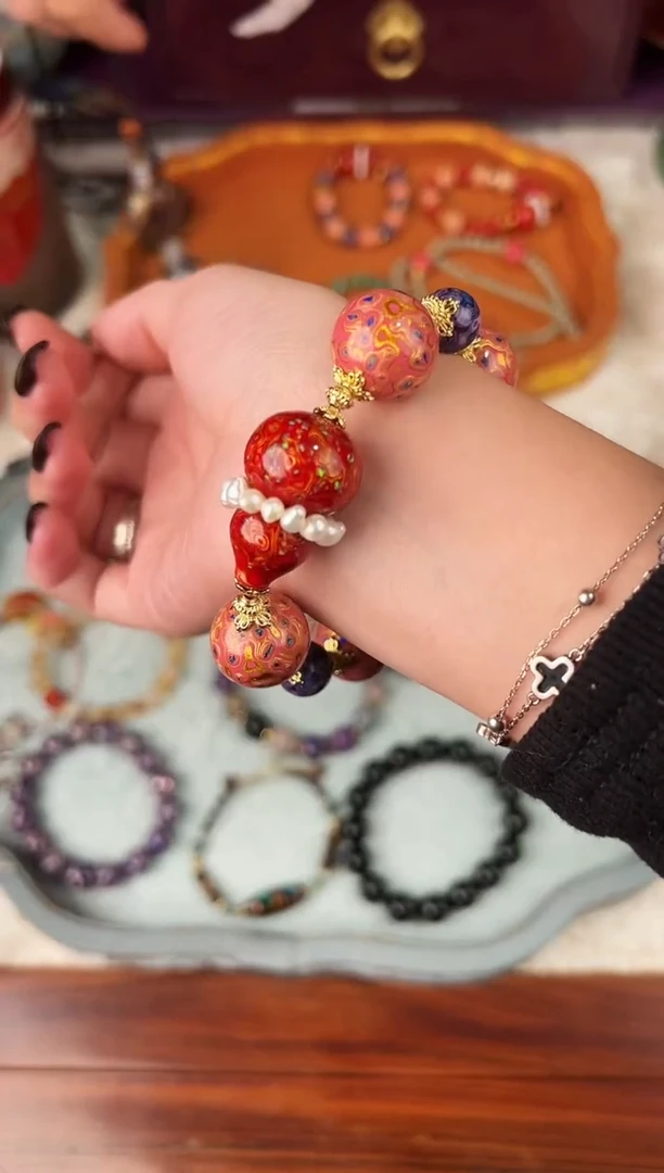 紫**冰多宝手串带一个红金葫芦-太古大漆