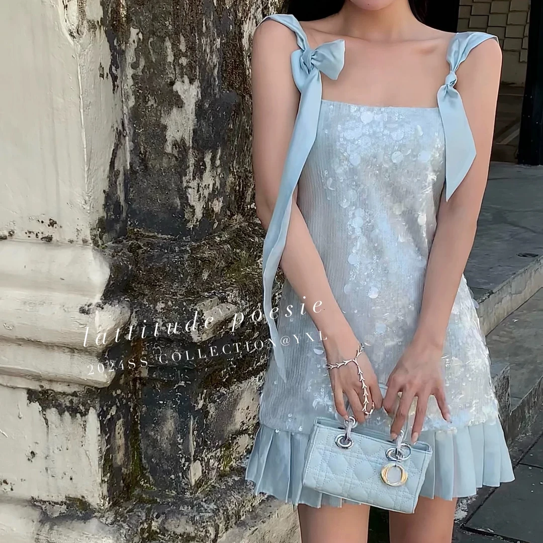 【人鱼公主】气质绑带高级感重工珠片波浪吊带拼接连衣裙